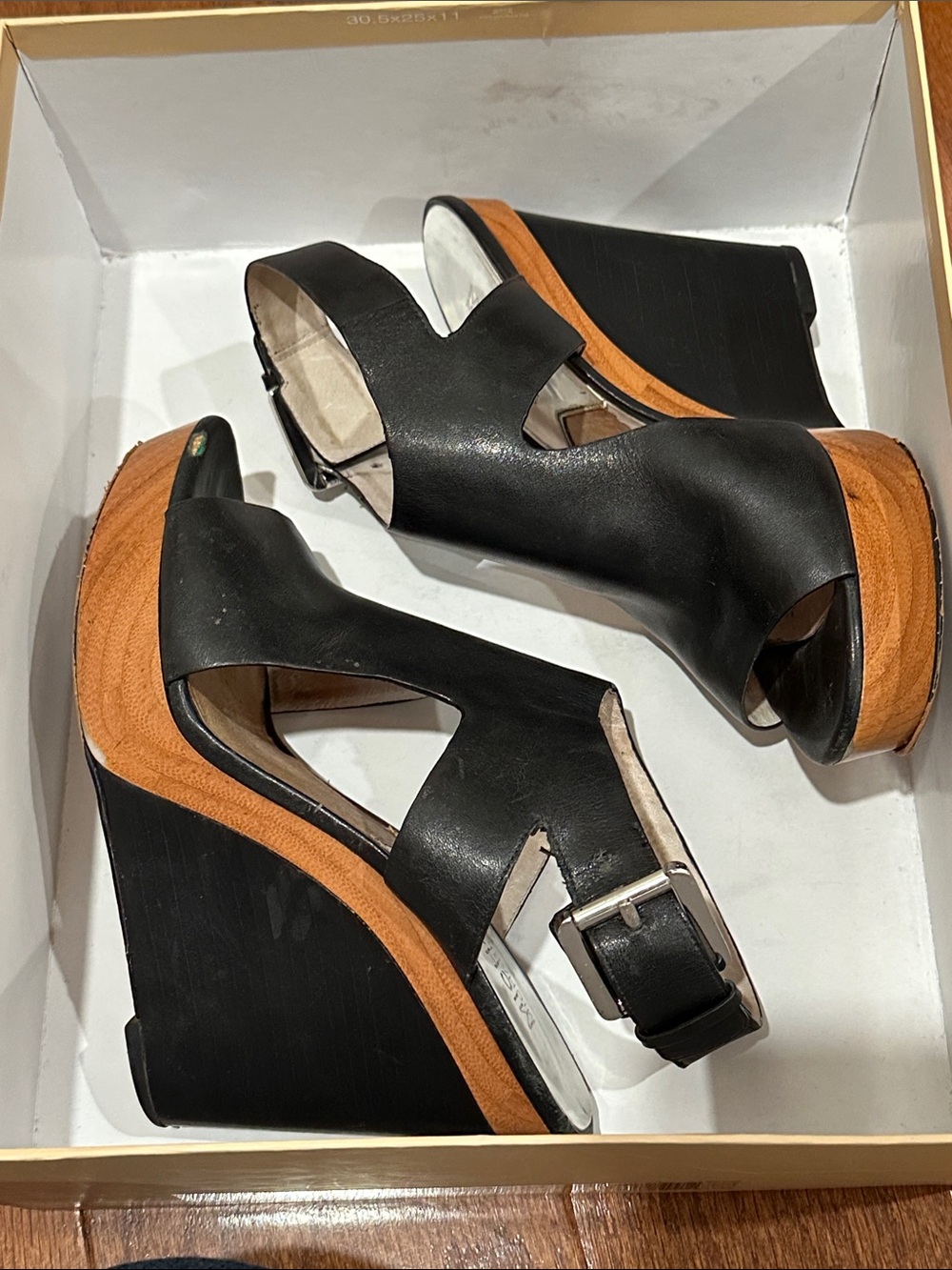 Michael Kors Josephine Black Leather Open-Toe Wedge Sandal with Brown Platform - Picture 10 of 10